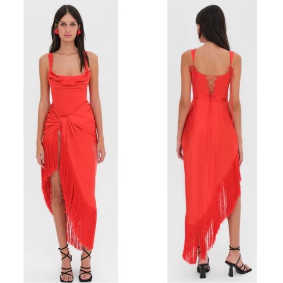For Love & Lemons Anisa Silk Fringe Ruched Draped Red Midi Dress Size Large - Picture 3 of 12
